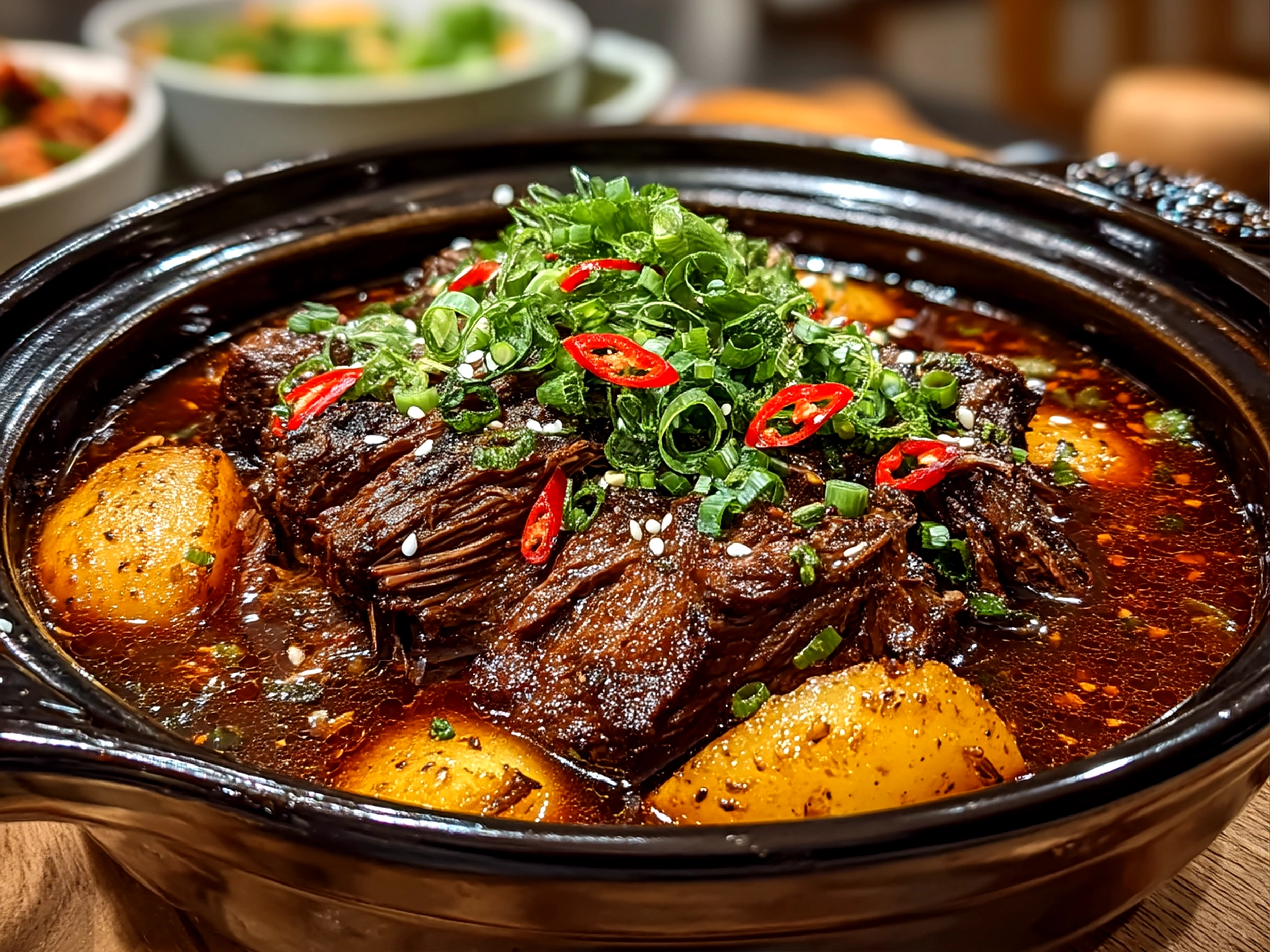 Close-up of finished Korean Pot Roast with garnish