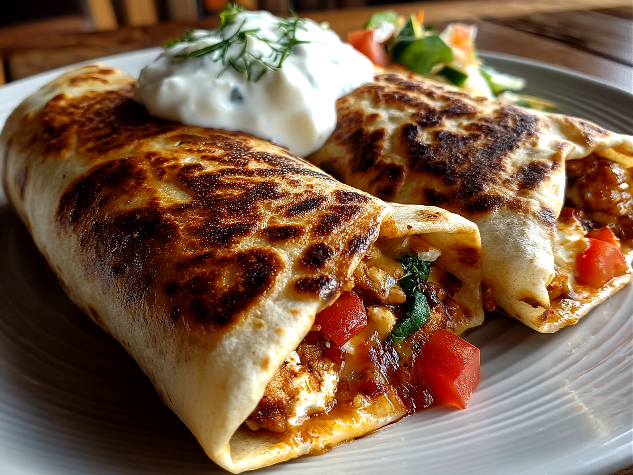 Close-up of finished plated cottage cheese wraps showing colorful layers and fresh ingredients