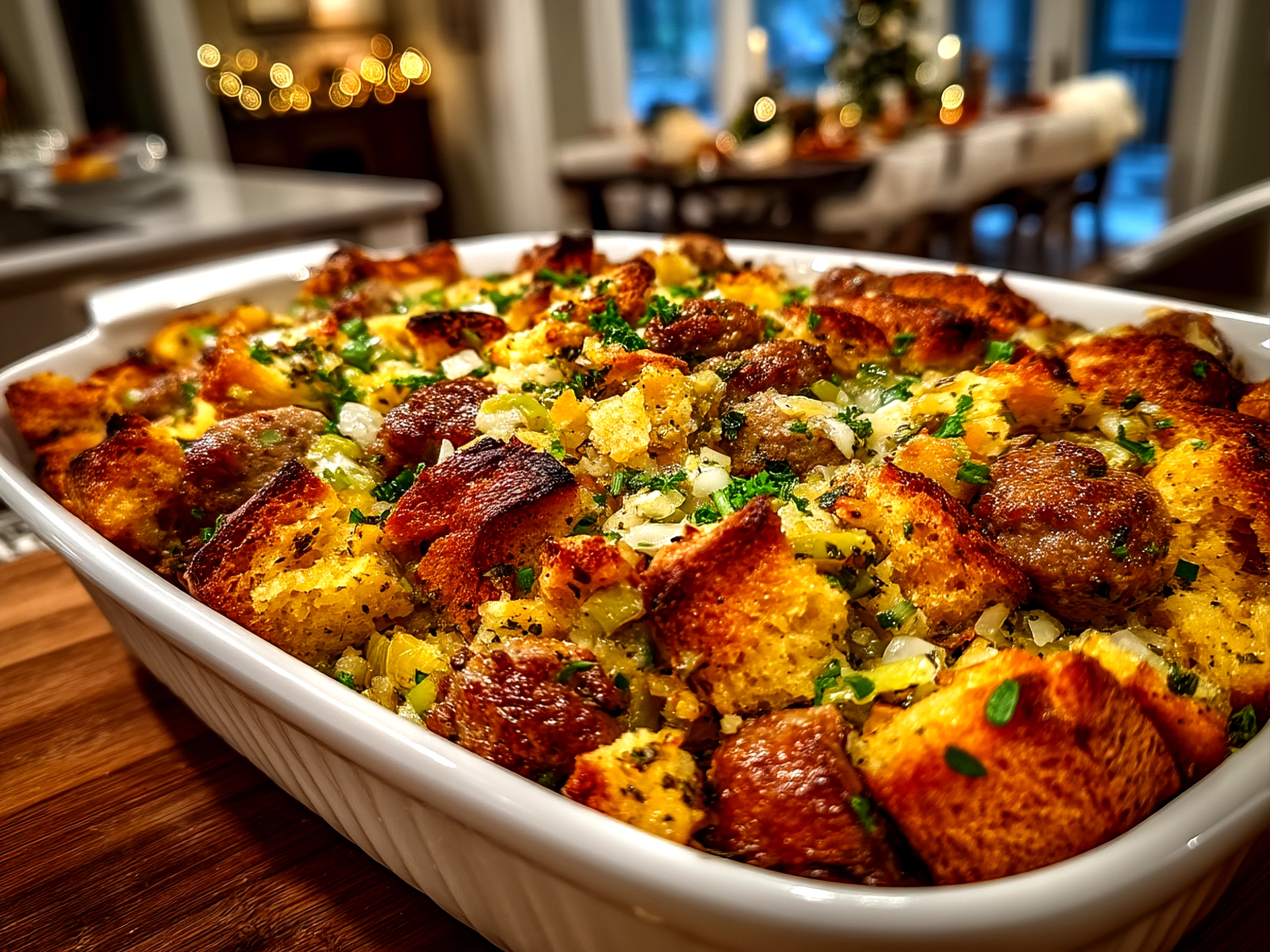 Close-up of finished Sausage Southern Cornbread Stuffing with golden crust