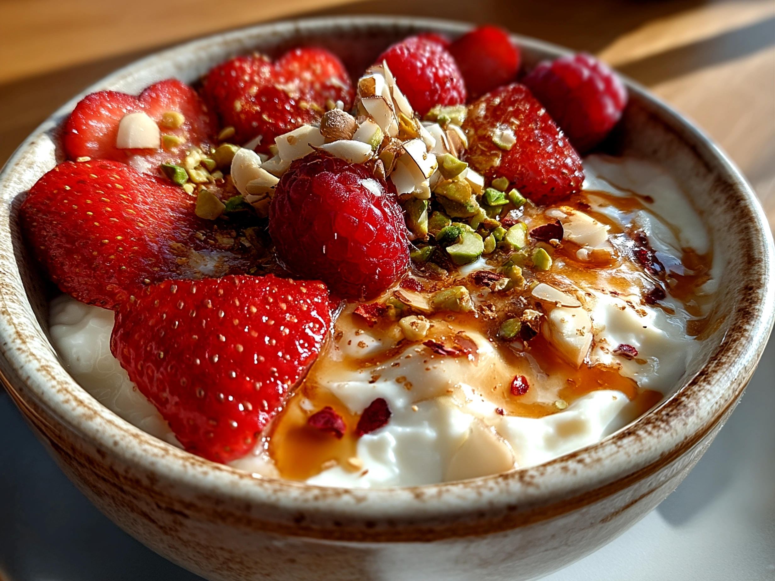 Finished Valentine Treats Greek Yogurt Bowl beautifully arranged with heart-shaped strawberries and pomegranate seeds