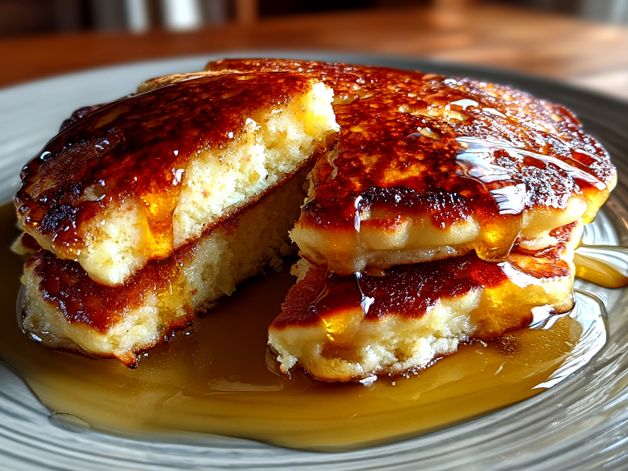 Finished warm sourdough discard pancakes with light splashes of syrup on a plate