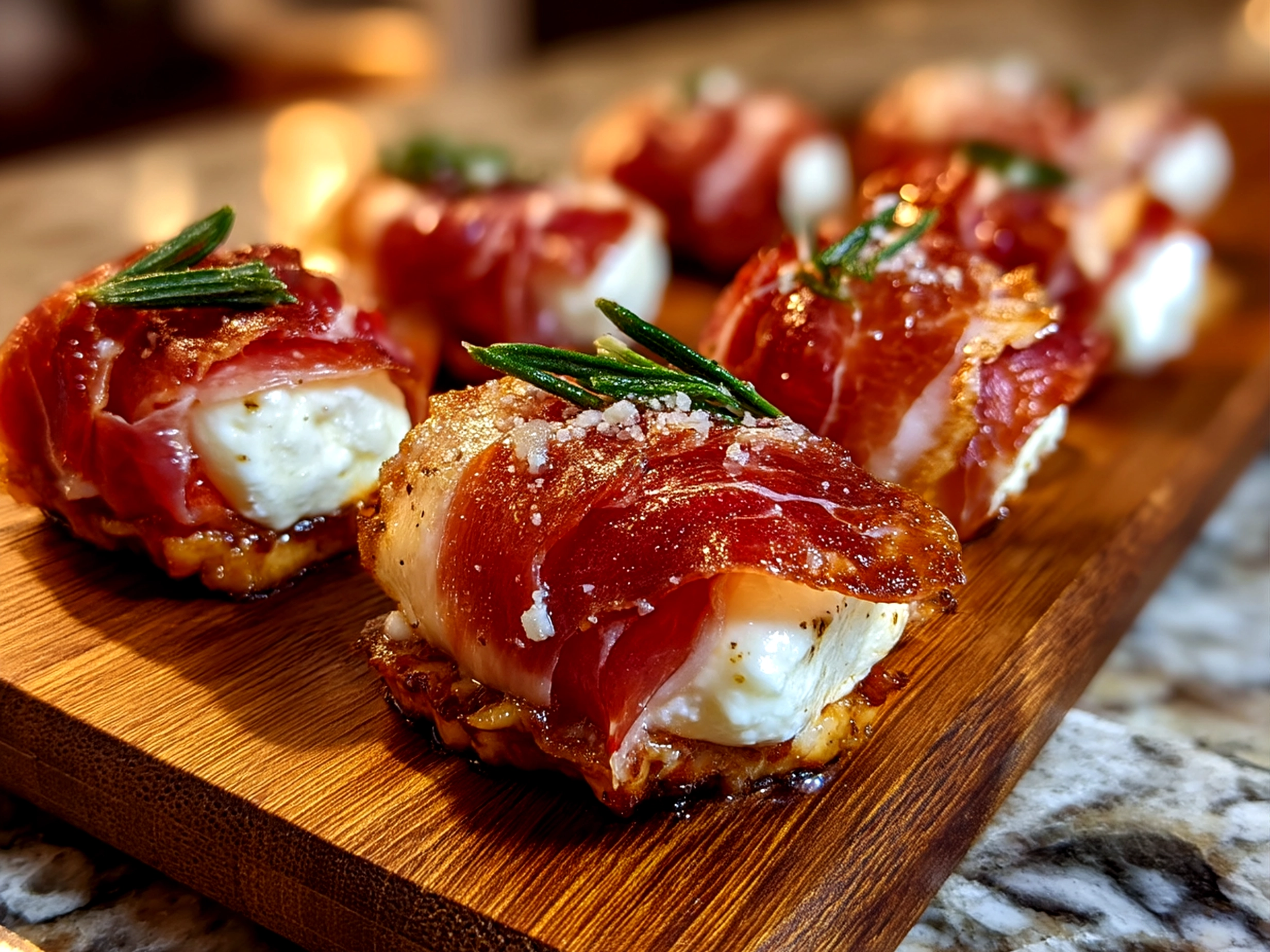 Close-up of finished Prosciutto Wrapped Mozzarella Bites on a serving platter
