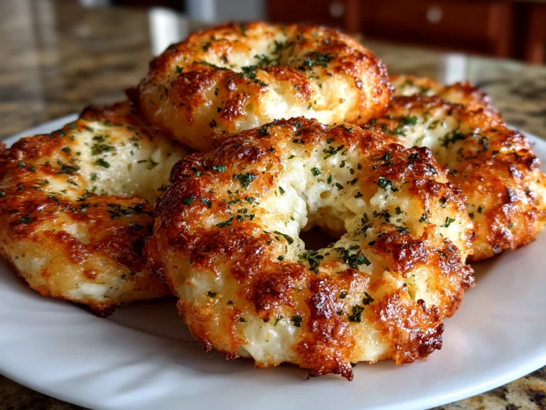 Freshly baked Garlic-Parmesan Cottage Cheese Bagels on white plate