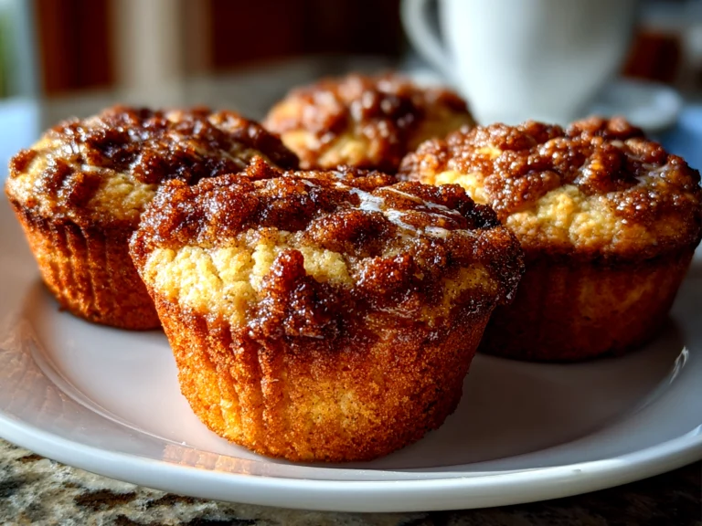 Freshly baked sourdough discard coffee cake muffins on a clean counter