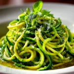 Freshly prepared Avocado Pesto Zoodles on white plate