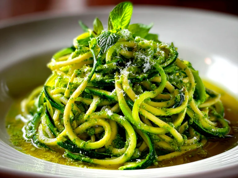 Freshly prepared Avocado Pesto Zoodles on white plate