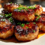 Freshly prepared BBQ Sausage Bites on white plate