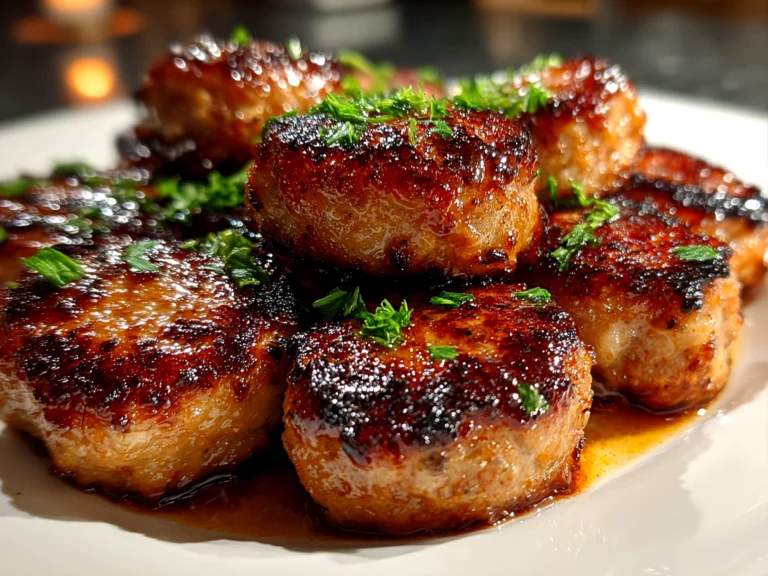 Freshly prepared BBQ Sausage Bites on white plate