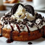 Freshly prepared Cookies Cream Skillet Cookie on white plate