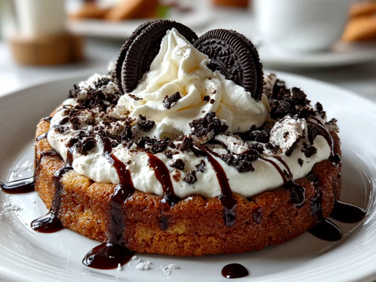 Freshly prepared Cookies Cream Skillet Cookie on white plate