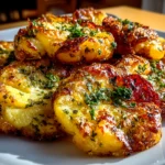 Freshly prepared crispy smashed red potatoes on a white plate