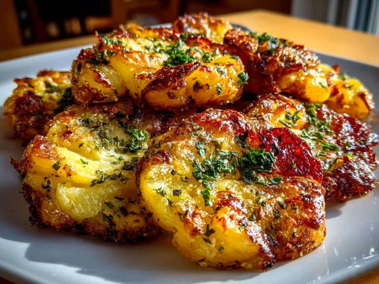 Freshly prepared crispy smashed red potatoes on a white plate