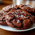Freshly prepared Double Chocolate Sourdough Cookies on white plate