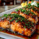 Freshly prepared Sheet Pan Teriyaki Salmon on white plate