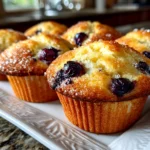 Freshly prepared sourdough blueberry muffins on a clean counter