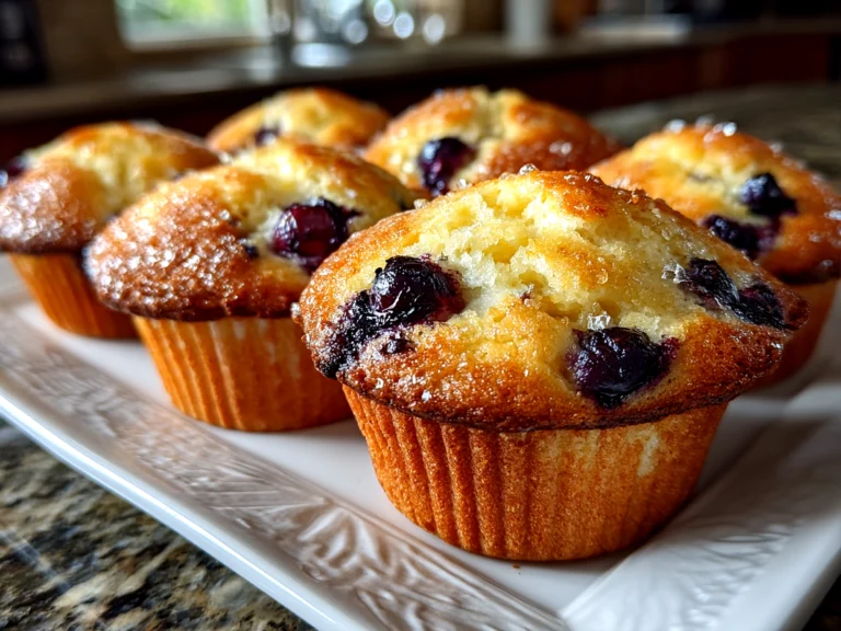 Freshly prepared sourdough blueberry muffins on a clean counter