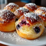 Freshly prepared sourdough discard lemon blueberry rolls on white plate