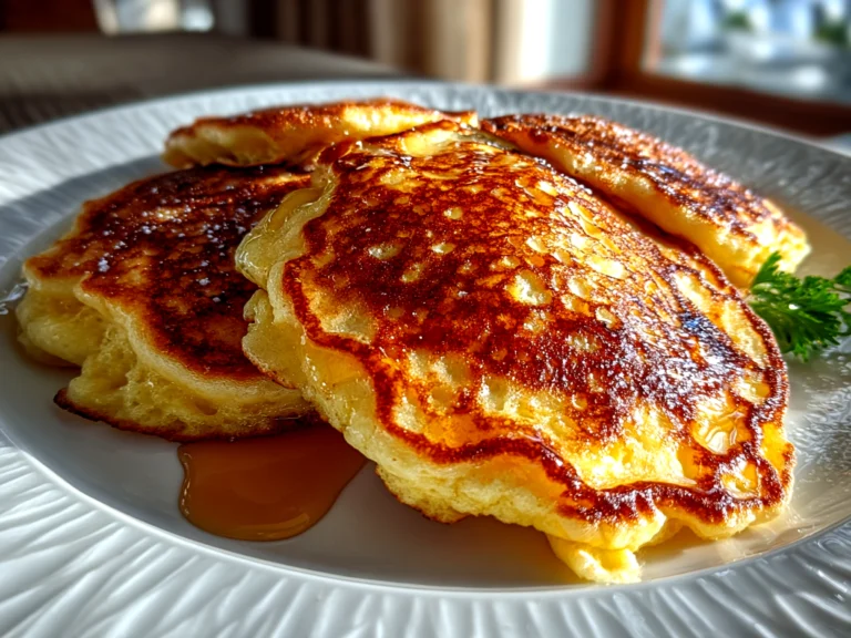 Freshly prepared sourdough discard pancakes on white plate
