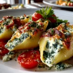 Freshly prepared spinach ricotta stuffed shells on white plate