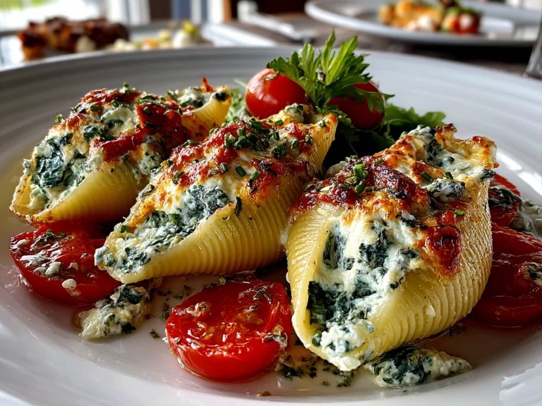 Freshly prepared spinach ricotta stuffed shells on white plate