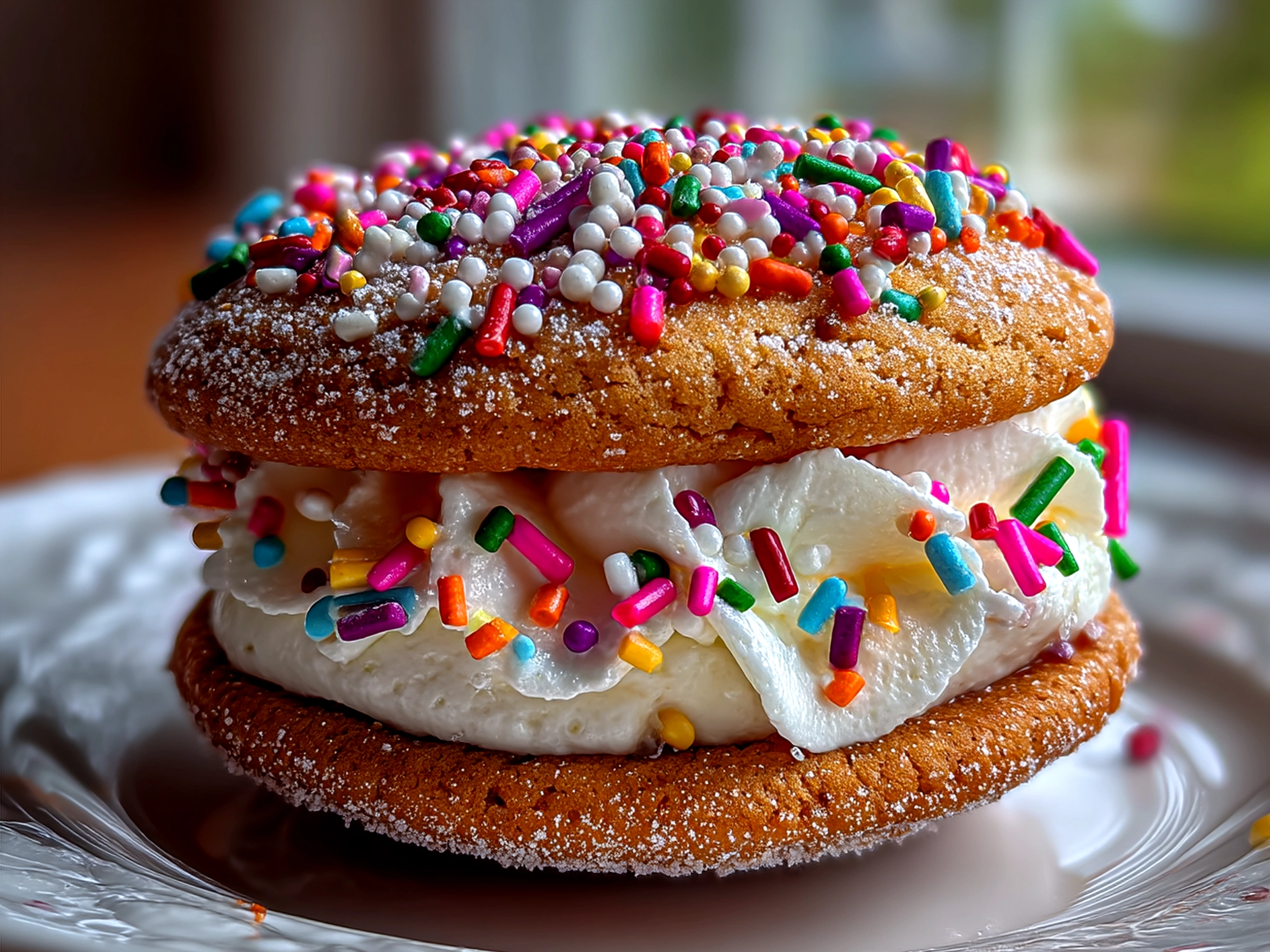 Stack of Funfetti Whoopie Pies displayed on a pastel cake stand with colorful sprinkles