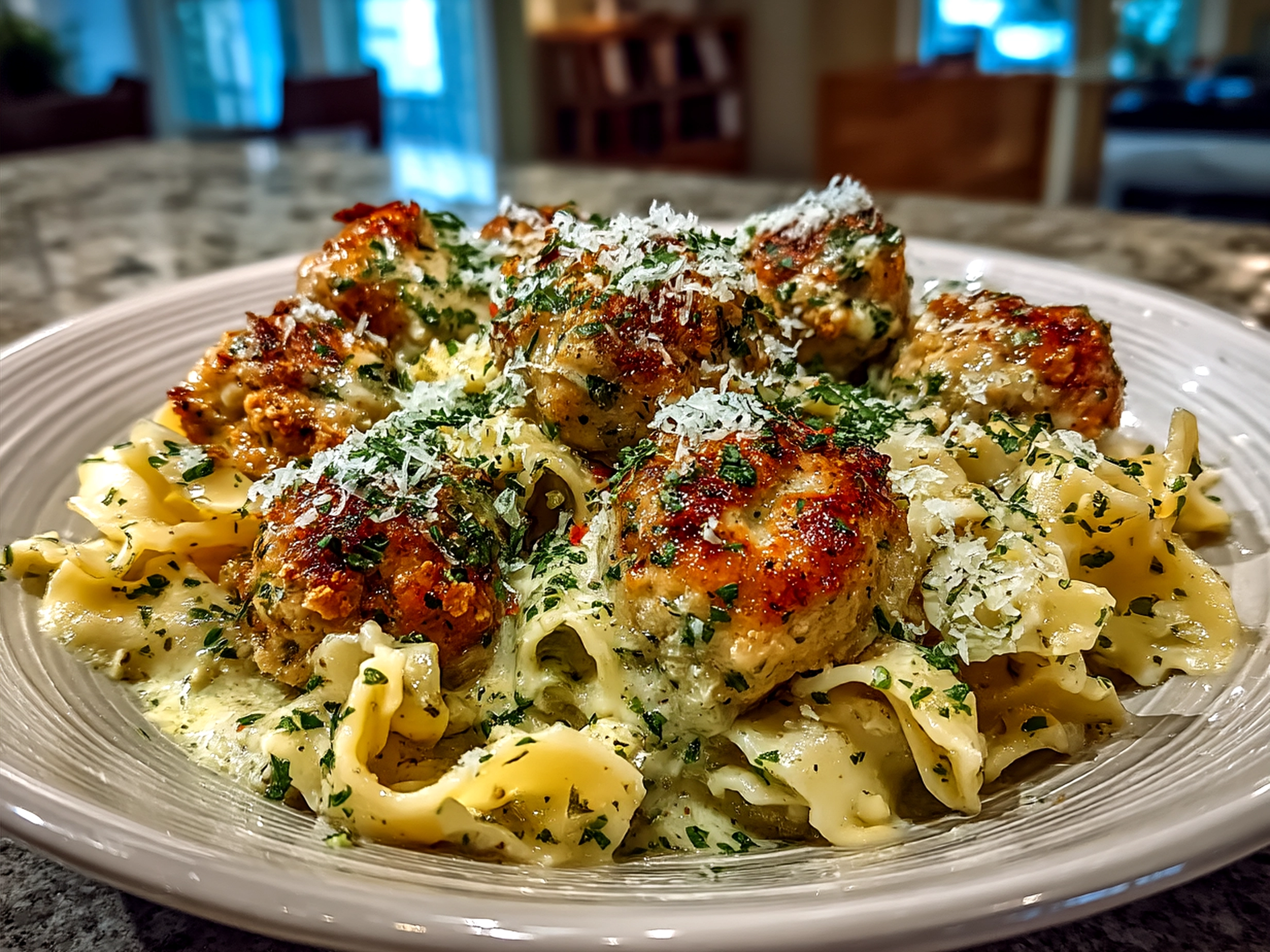 Plated Garlic Butter Chicken Balls with Creamy Parmesan Pasta