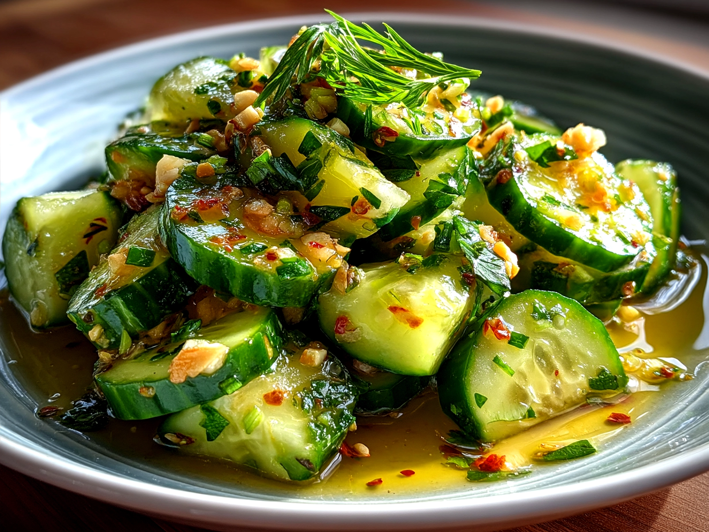 Fresh Garlic Cucumber Salad served in a bowl with sesame seeds and chili flakes