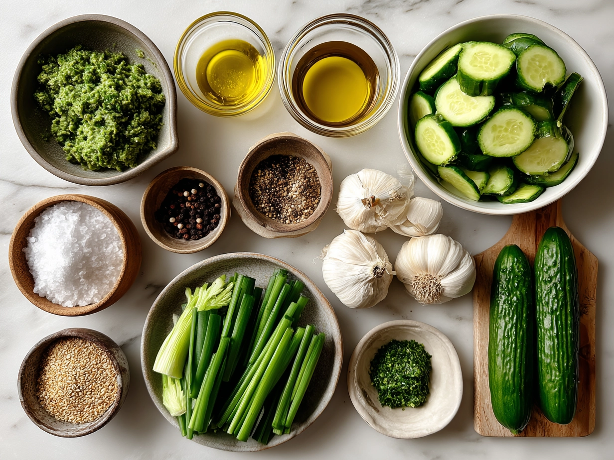 Ingredients for Garlic Cucumber Salad laid out