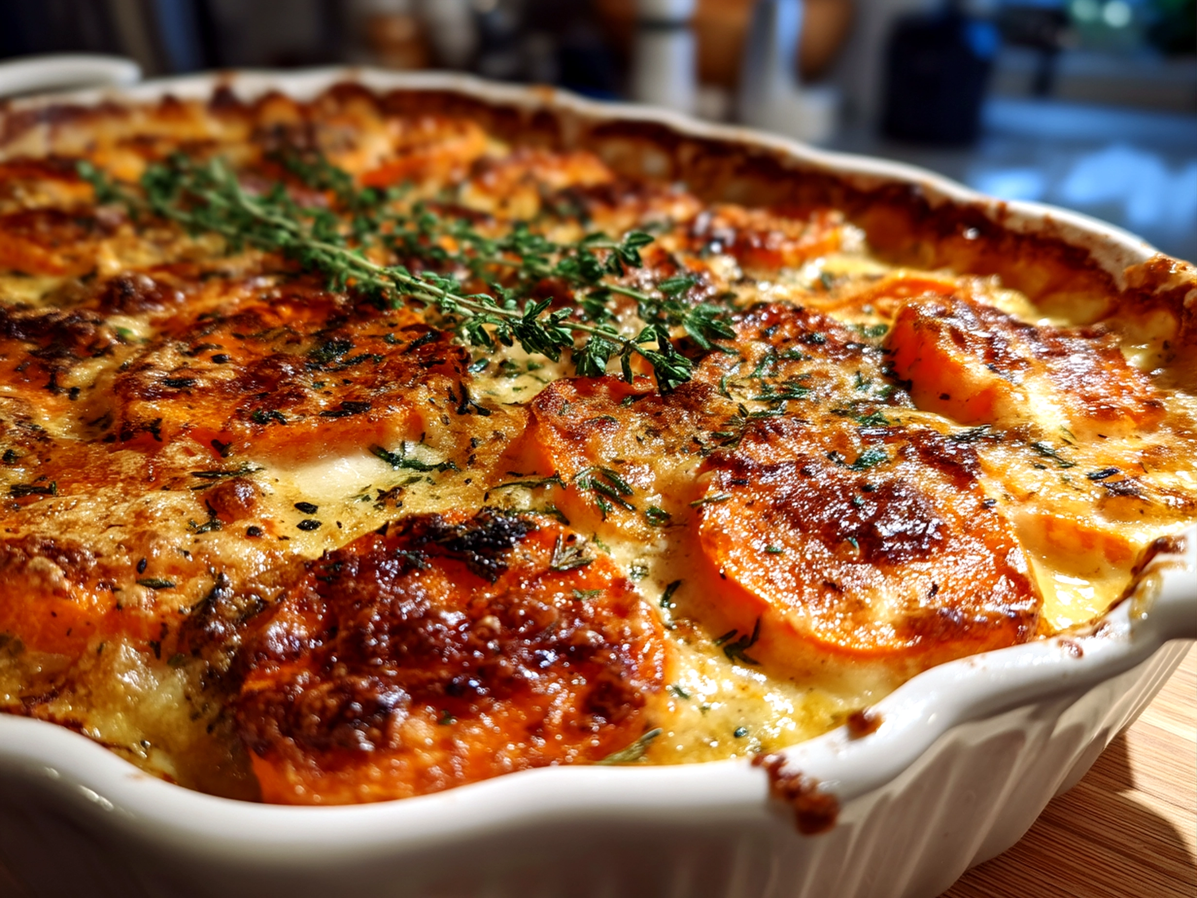 Serving dish of Garlic Scalloped Sweet Potatoes with golden crust and cheesy layers