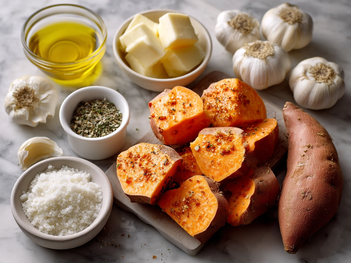Ingredients for Garlic Scalloped Sweet Potatoes including sweet potatoes, garlic, cheese, butter, and cream