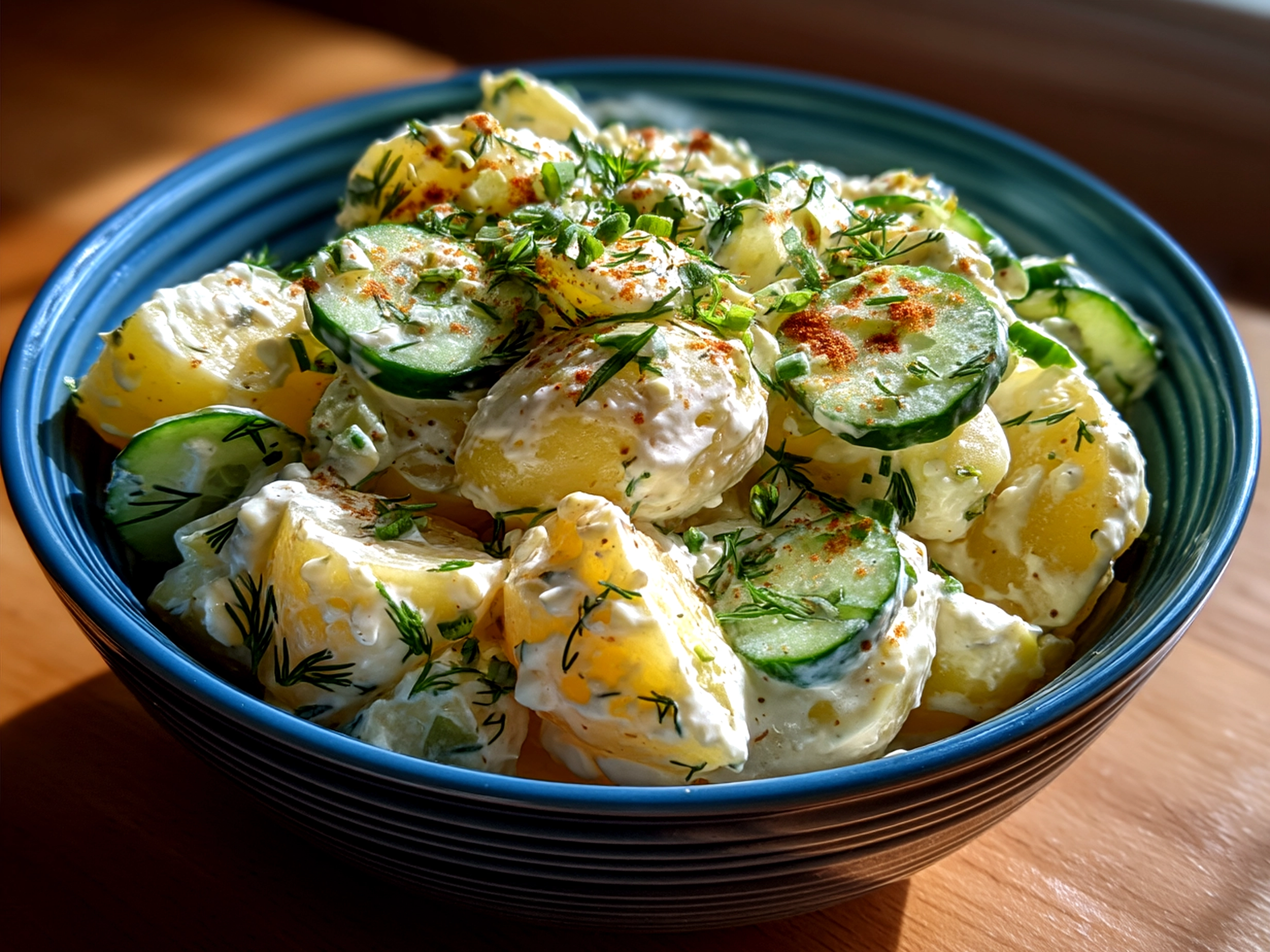 Creamy Greek Yogurt Potato Salad with Cucumbers served in a vibrant ceramic bowl