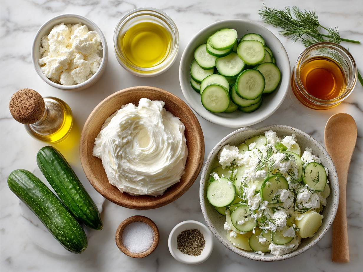 Ingredients for Greek Yogurt Potato Salad with Cucumbers including potatoes, cucumber, Greek yogurt, olive oil, lemon and fresh dill