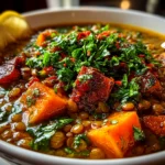 Home Cook, taken with iPhone 14 Pro. Close-up slight angle of comforting Sweet Potato Lentil Stew in white bowl. Hearty comforting --ar 4:3 --style raw --s 230