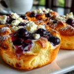 Home cook, taken with iPhone 14 Pro. Close-up slight angle of freshly prepared Cottage Cheese Blueberry Cloud Bread on white plate. Fresh vibrant --ar 4:3 --style raw --s 240