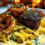Home cook, taken with iPhone 14. Close-up slight angle of delicious Blackened Steak Shrimp Alfredo on white plate. Warm appetizing --ar 4:3 --style raw --s 245