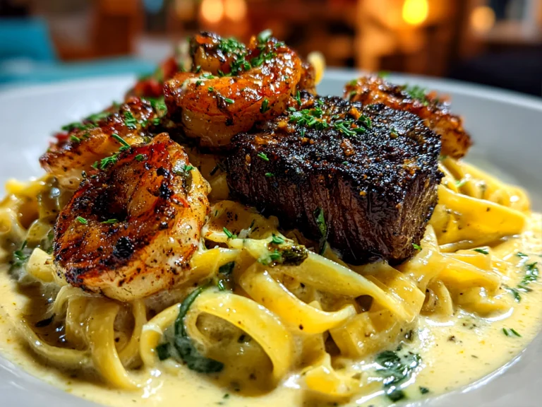 Home cook, taken with iPhone 14. Close-up slight angle of delicious Blackened Steak Shrimp Alfredo on white plate. Warm appetizing --ar 4:3 --style raw --s 245