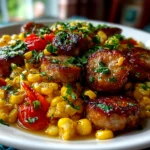 Home cook, taken with iPhone 14. Close-up slight angle of delicious Maque Choux With Sausage Corn on white plate. Warm appetizing --ar 4:3 --style raw --s 230