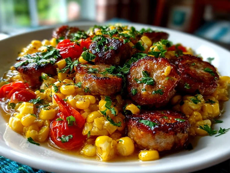 Home cook, taken with iPhone 14. Close-up slight angle of delicious Maque Choux With Sausage Corn on white plate. Warm appetizing --ar 4:3 --style raw --s 230