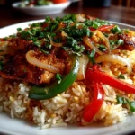 Home cook, taken with iPhone 15 Pro. Close-up slight angle of freshly prepared Chicken Fajita Rice on white plate. Mouthwatering --ar 4:3 --style raw --s 260