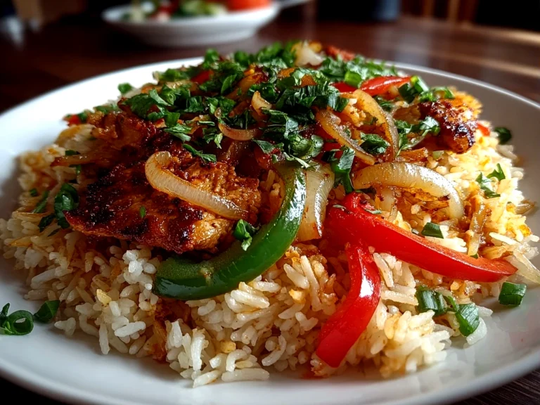 Home cook, taken with iPhone 15 Pro. Close-up slight angle of freshly prepared Chicken Fajita Rice on white plate. Mouthwatering --ar 4:3 --style raw --s 260