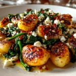 Homemade gnocchi with sautéed spinach and crumbled feta cheese