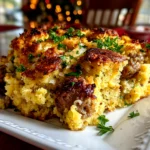 Homemade Sausage Southern Cornbread Stuffing Served on White Plate