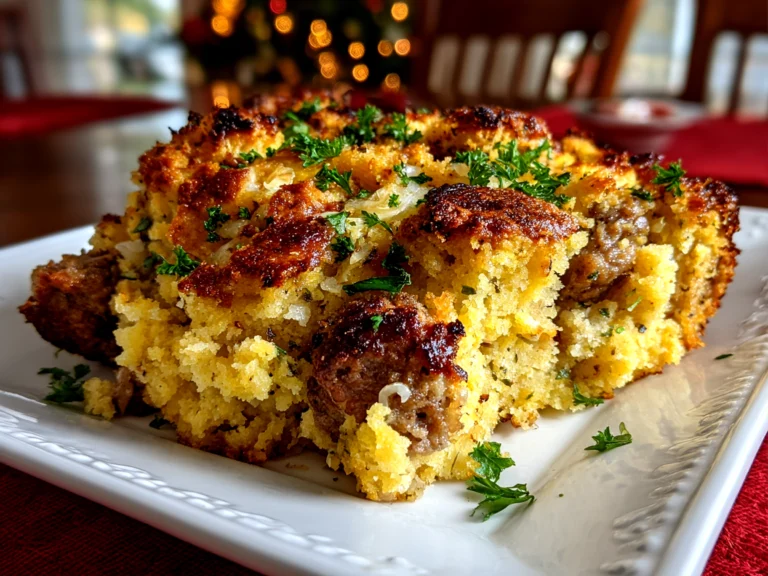 Homemade Sausage Southern Cornbread Stuffing Served on White Plate
