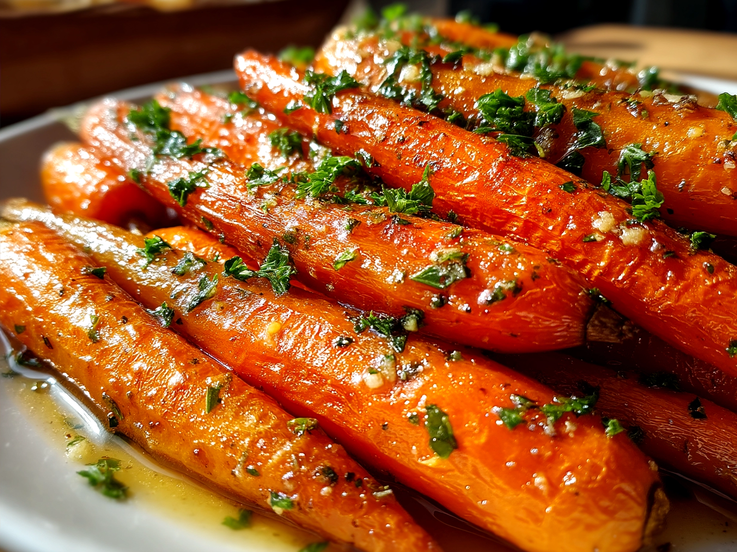 Honey Garlic Butter Roasted Carrots served with fresh herbs on a platter