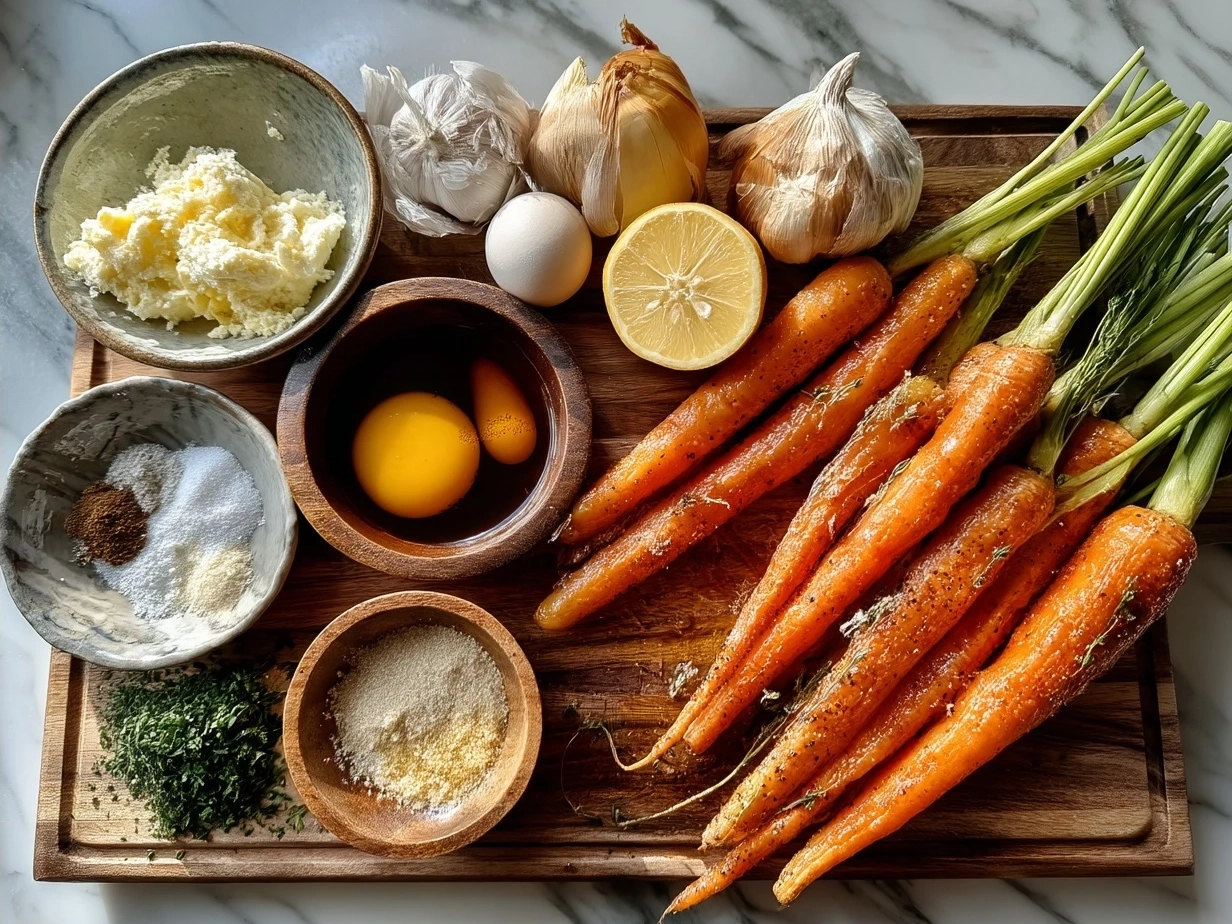 Ingredients for Honey Garlic Butter Roasted Carrots: fresh carrots, melted butter, honey, garlic, salt, and pepper