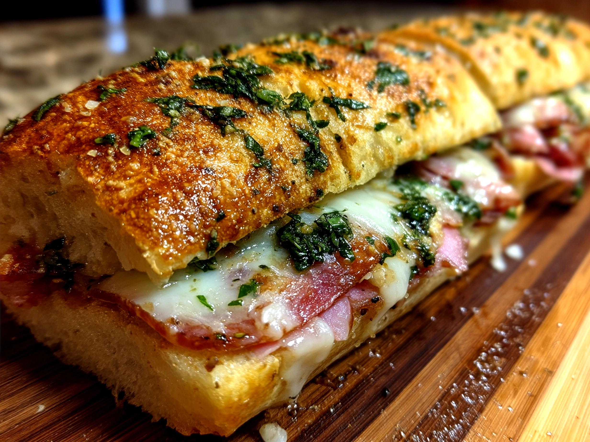 Italian Chopped Grinder Sandwich served on wooden board with chips