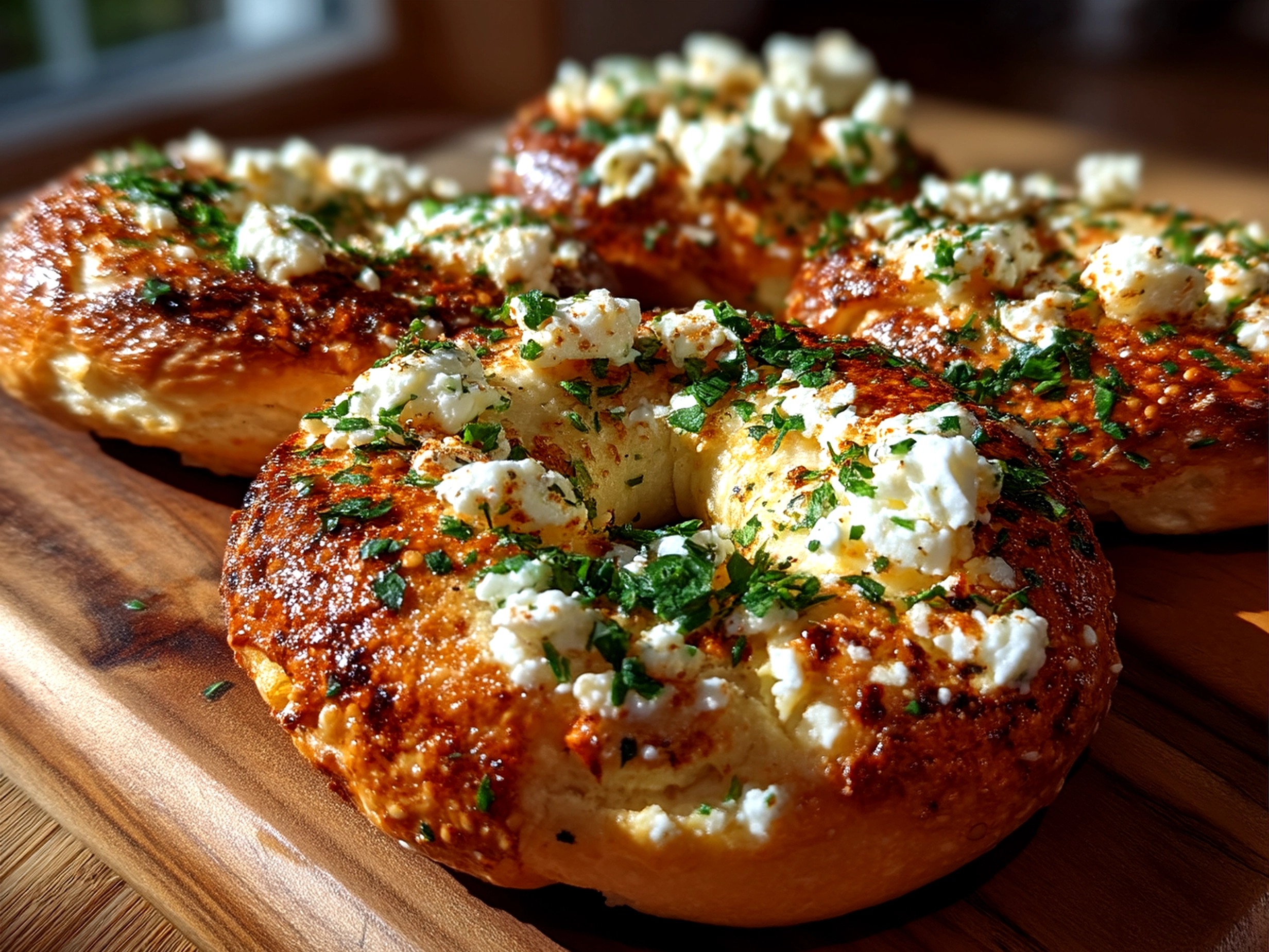 Served Keto Cottage Cheese Bagels with toppings on rustic wooden board