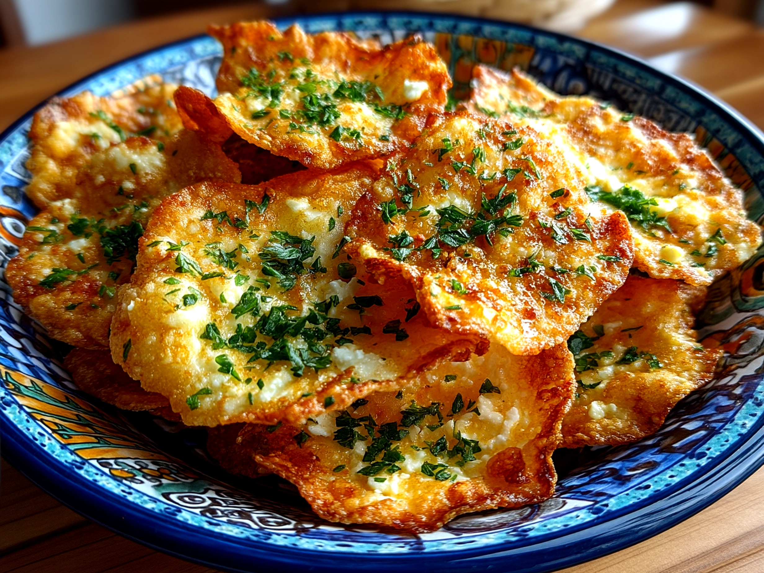 A vibrant plate of crispy Keto Cottage Cheese Chips served with guacamole and salsa