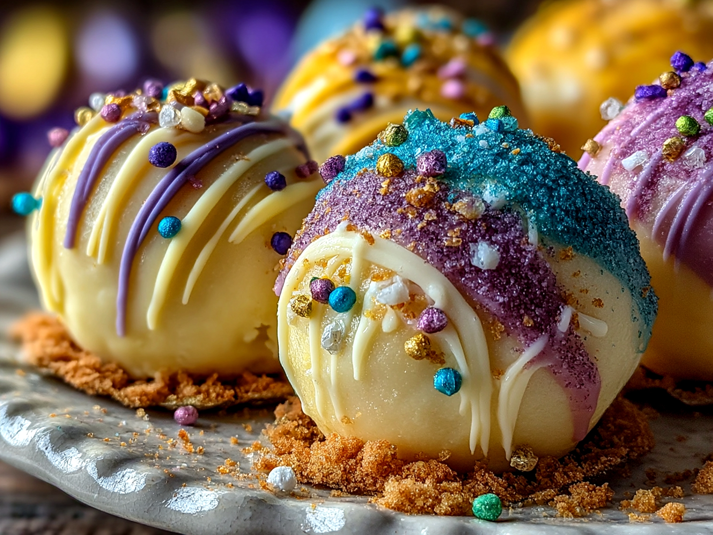Serving suggestion for hot King Cake Bites on a wooden board with Mardi Gras bead decorations