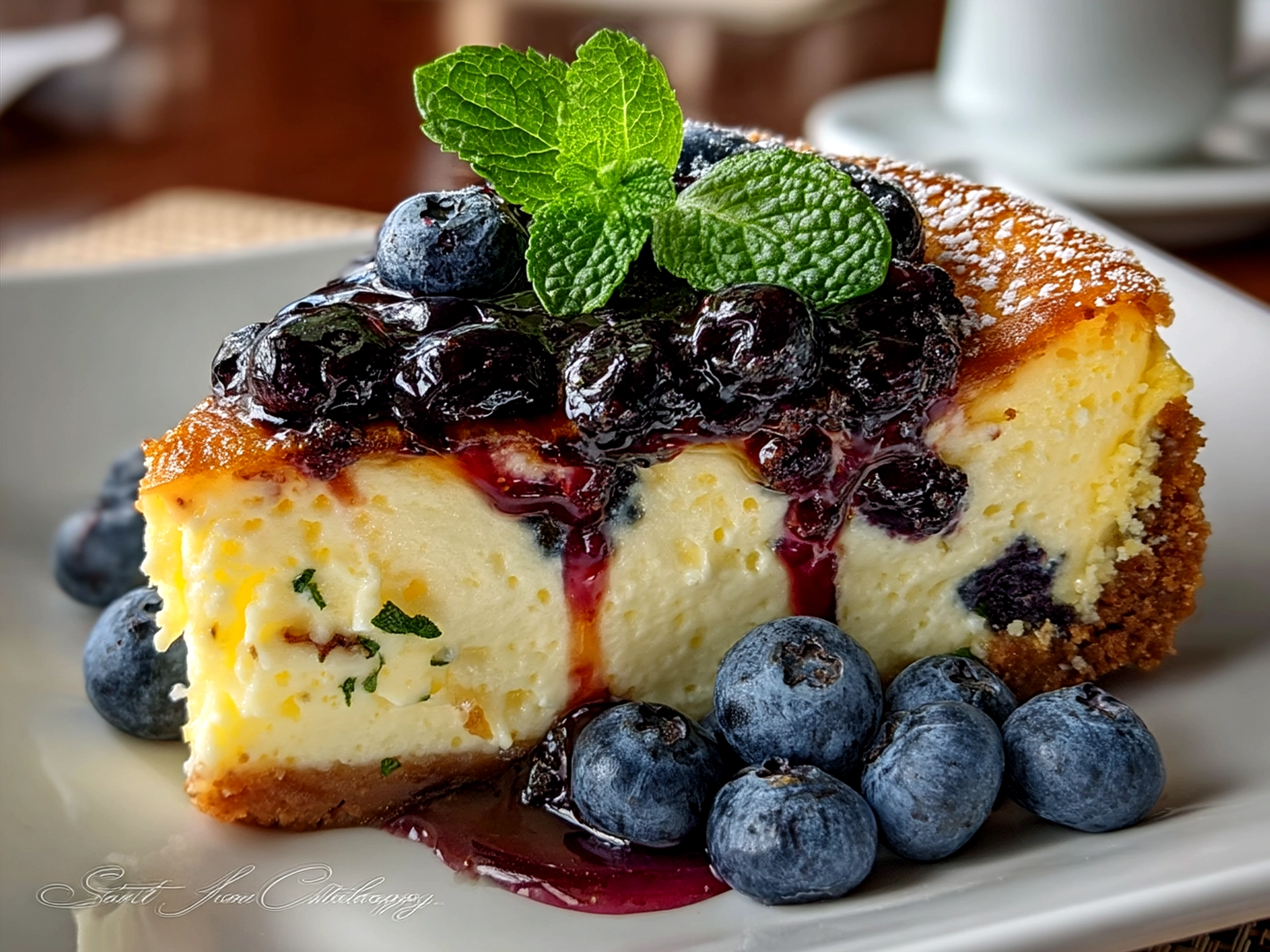 Sliced Lemon Blueberry Cheesecake beautifully plated with fresh blueberries and mint garnish